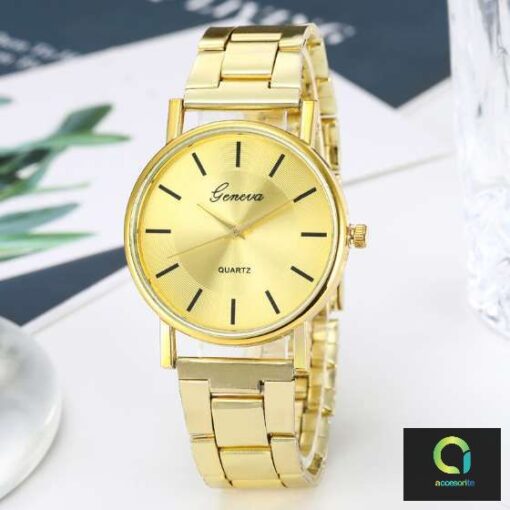 Gold Geneva Steel Band Unisex Wrist Watch