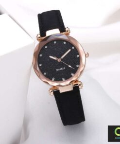 Rhinestone leather wrist watch for ladies colour black with gold frame