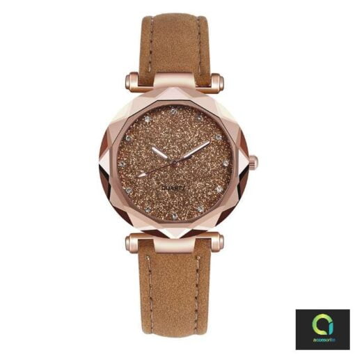 Brown Rhinestone Leather Wrist Watch For Ladies Quartz
